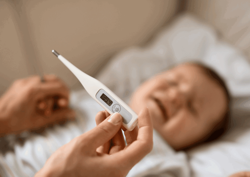 Parent Gently Taking Baby'S Temperature With A Digital Thermometer Under The Armpit.