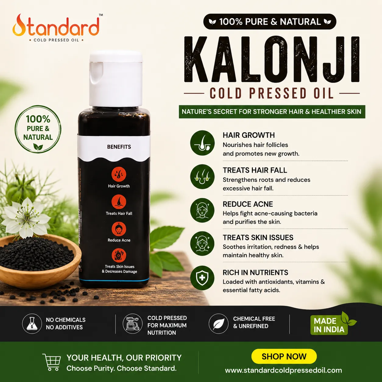 Cold Pressed Kalonji Black Seed Oil β Pure &Amp; Natural 50Ml 2 Standard Cold Pressed Kalonji Oil Benefits For Hair Growth, Hair Fall Control, Acne Reduction And Healthy Skin.
