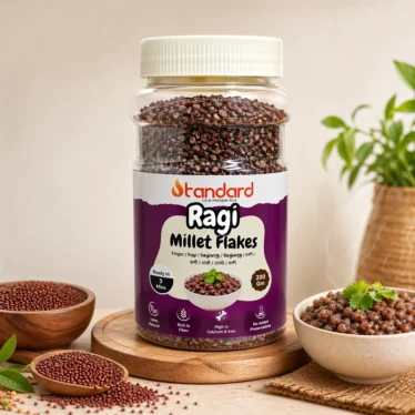 Ragi millet flakes jar with cooked ragi bowl healthy traditional Indian breakfast food