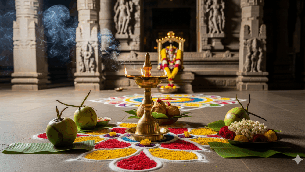 Coconut Oil Lamp Glowing In A Temple For Spiritual Benefits