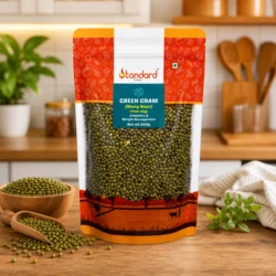 Standard Store Green Gram mung bean pack with happy family enjoying healthy nutritious meal at dining table