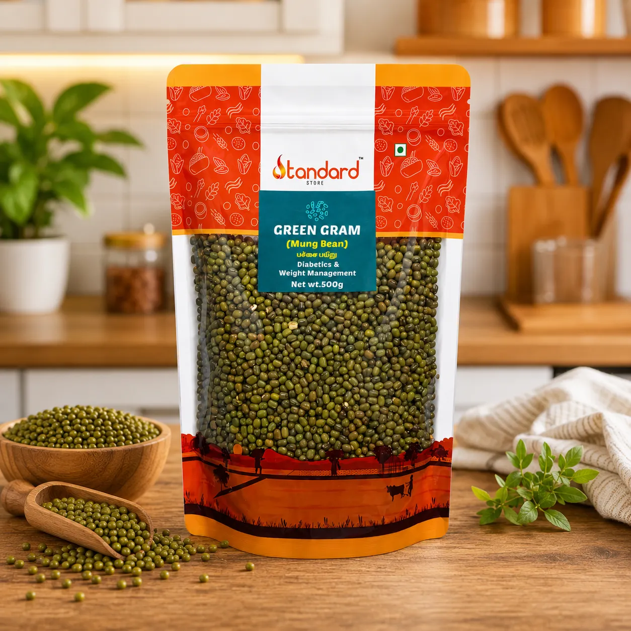 Standard Store Green Gram Mung Bean Pack With Happy Family Enjoying Healthy Nutritious Meal At Dining Table