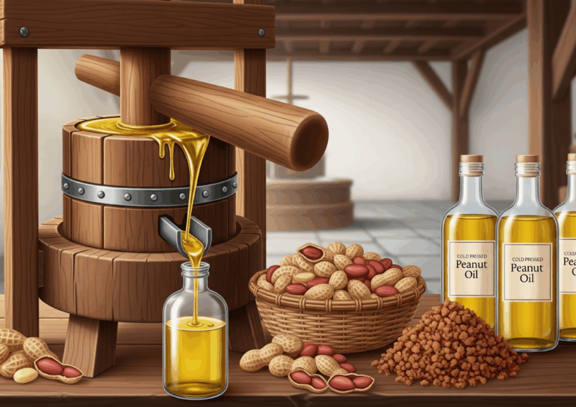 Cold Pressed Groundnut Oil Production Using Wooden Press With Peanuts, Oil Bottles, And Peanut Cake Byproducts
