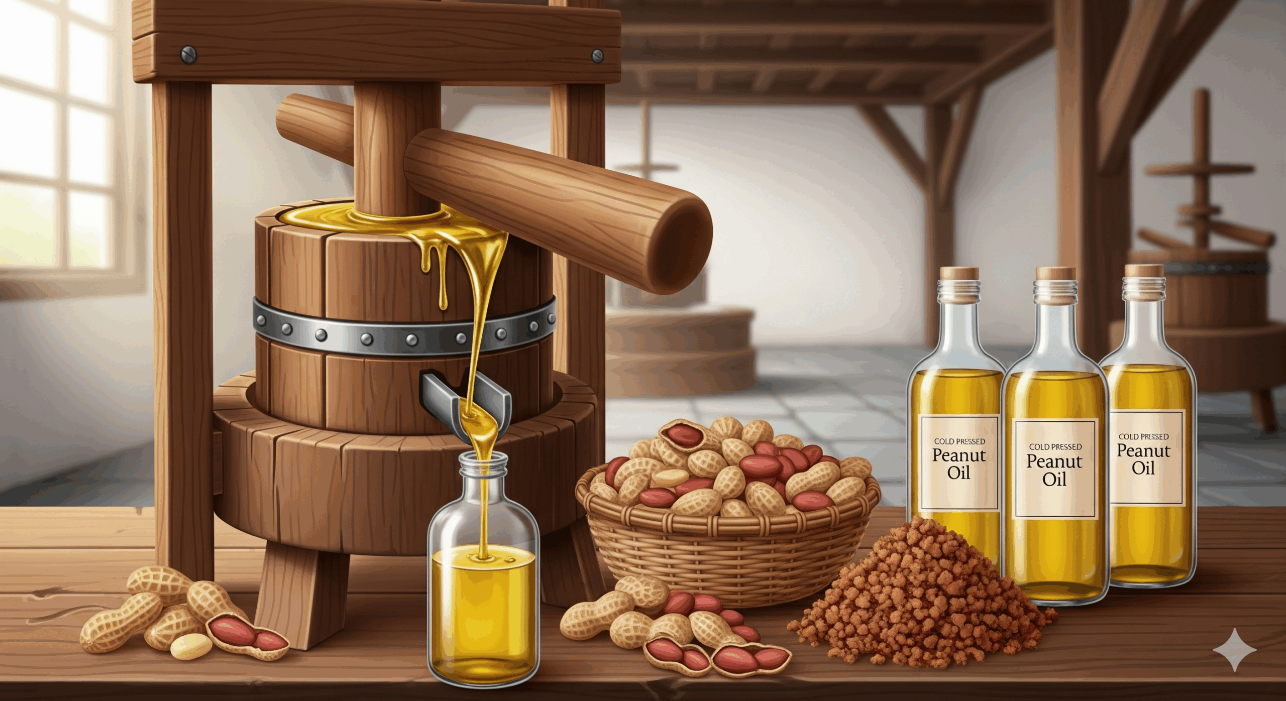Cold Pressed Groundnut Oil Production Using Wooden Press With Peanuts, Oil Bottles, And Peanut Cake Byproducts