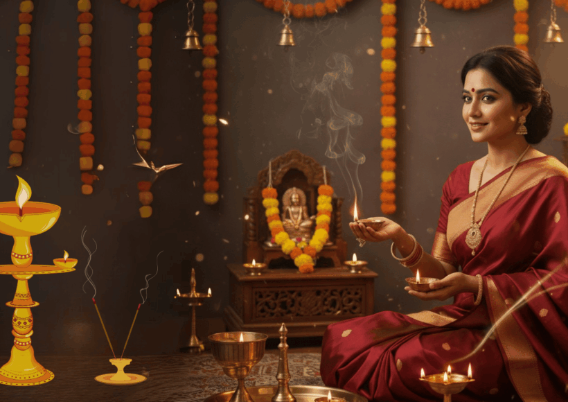 Traditional Indian Woman Lighting A Deepak With Mahua, Arand, Mustard, And Panchdeep Oils During Prayer Ritual.