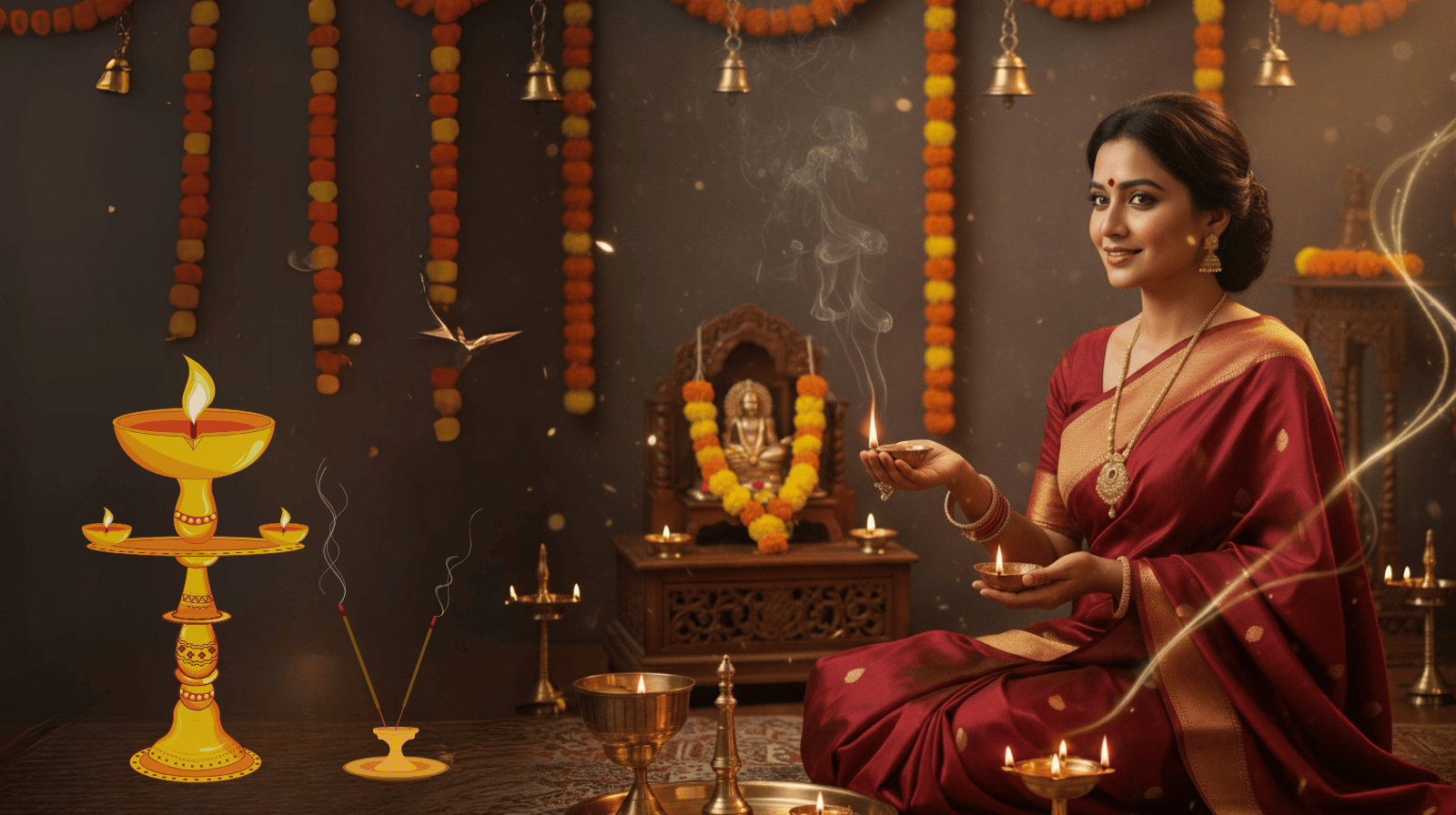 दीपक तेलाचा वापर आणि त्याचे लाभ: दिव्य प्रकाश आणि आत्मिक उन्नती 1 Traditional Indian Woman Lighting A Deepak With Mahua, Arand, Mustard, And Panchdeep Oils During Prayer Ritual.
