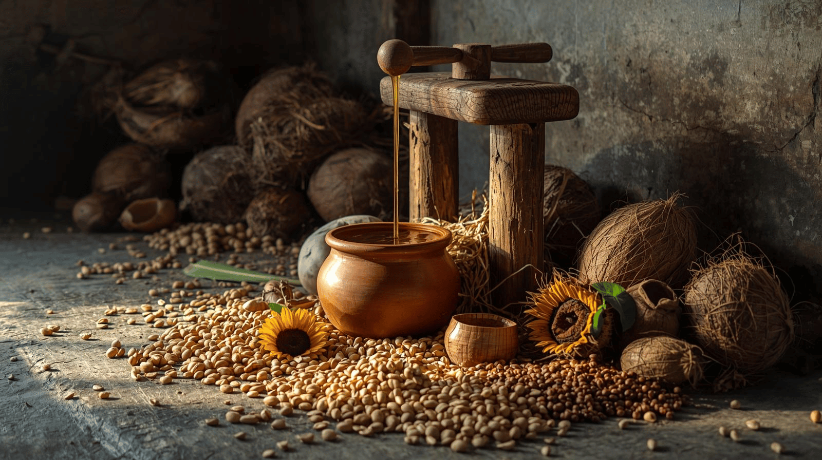 A Kitchen Scene With A Salad Bowl, Sautéed Vegetables, And Paratha, With A Wooden Spoon Pouring Golden Cold Pressed Oil. Fresh, Natural, Homely Atmosphere.