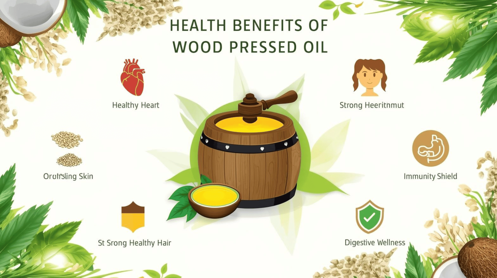 Wood Pressed Oil With Traditional Chekku Press And Icons Showing Health Benefits Like Heart Health, Glowing Skin, Strong Hair, Immunity, And Digestion.