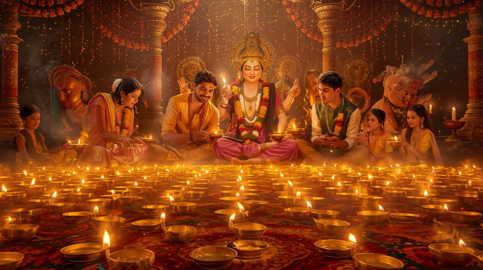 Devotees Performing Ayudha Pooja With Decorated Tools, Lamps, Flowers, And Offerings, Symbolizing Gratitude, Prosperity, And Spiritual Significance.