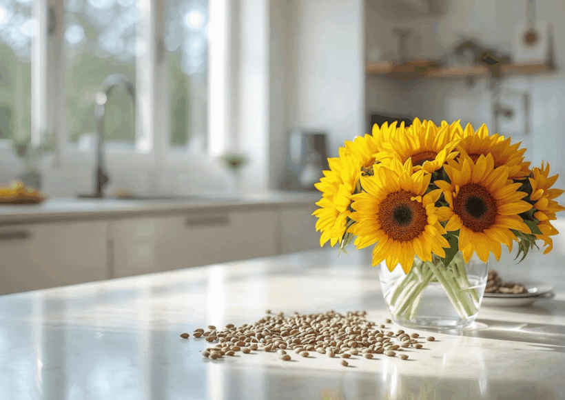 Bright Kitchen Dining Table Scene With Sunflower Oil Bottle, Bowl Of Sunflower Seeds, And Fresh Yellow Sunflower Flowers In Vase – Natural Healthy Lifestyle Vibe
