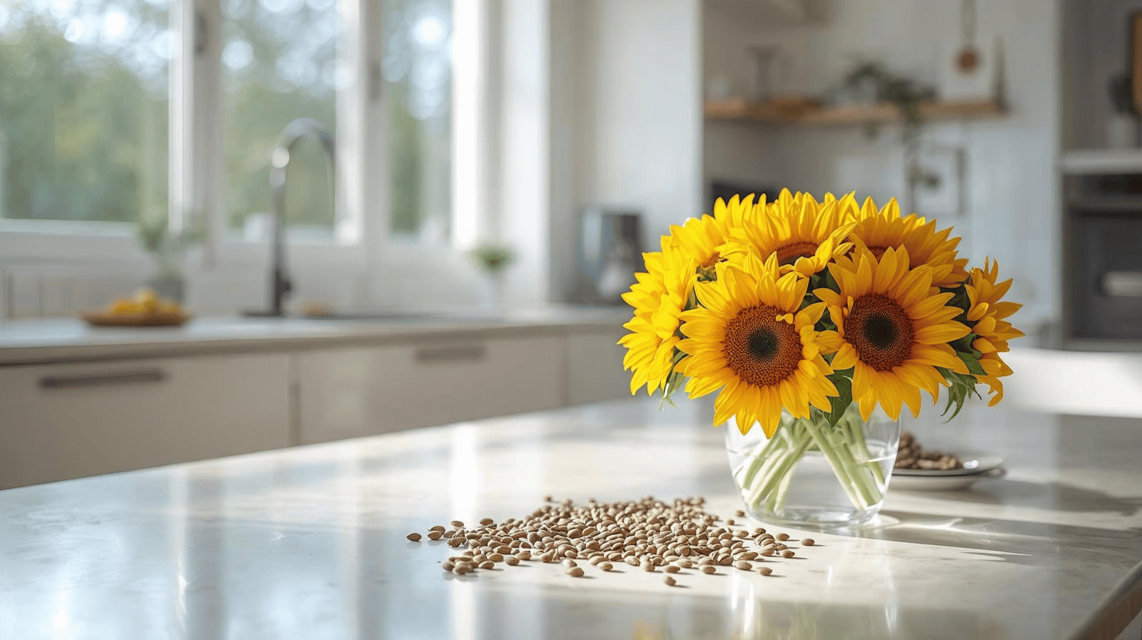 Bright Kitchen Dining Table Scene With Sunflower Oil Bottle, Bowl Of Sunflower Seeds, And Fresh Yellow Sunflower Flowers In Vase – Natural Healthy Lifestyle Vibe