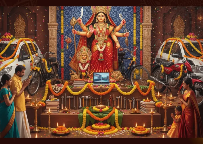 Ayudha Pooja And Vijayadashami Celebration With Decorated Tools, Lamps, And Goddess Idol