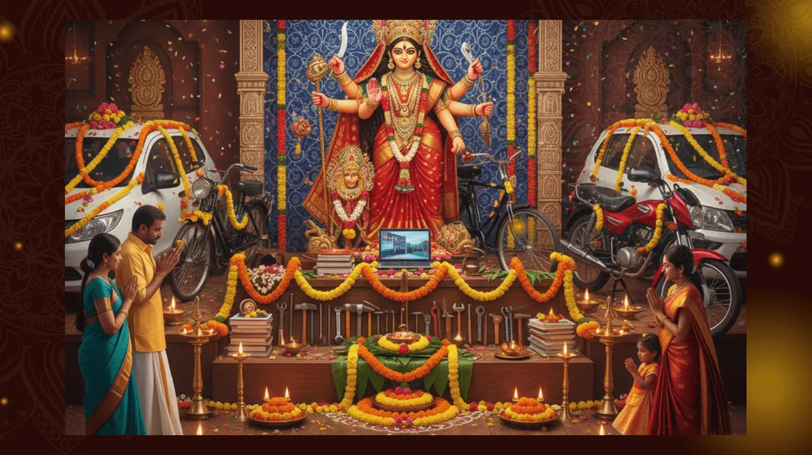 Ayudha Pooja And Vijayadashami Celebration With Decorated Tools, Lamps, And Goddess Idol