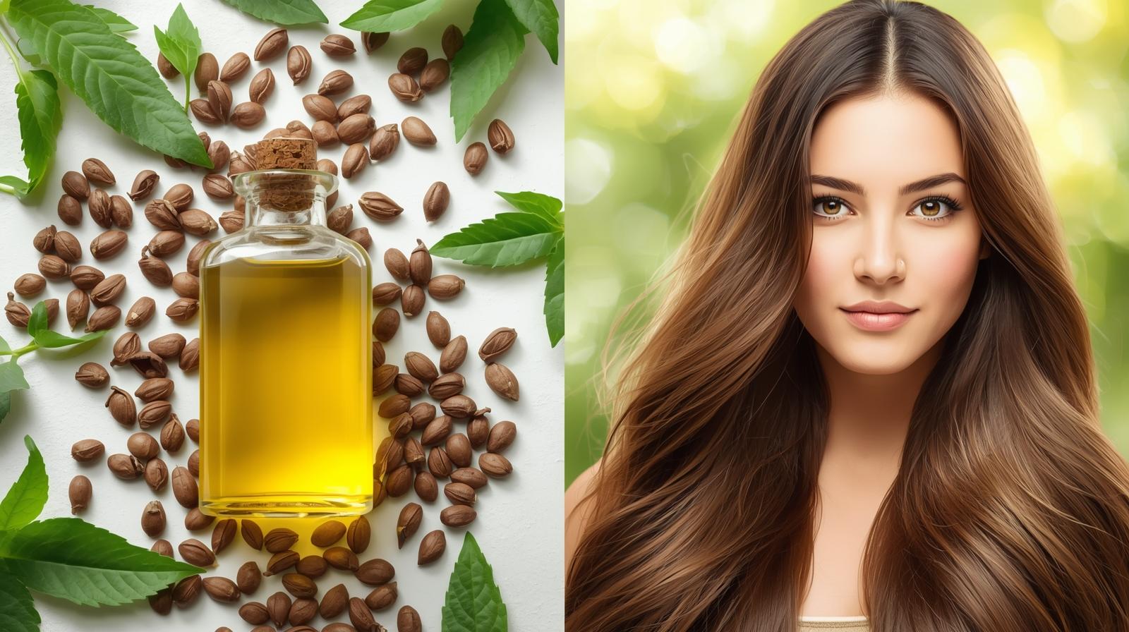 Bottle Of Castor Oil With Castor Seeds And A Person Showing Long, Thick, Shiny Hair, Representing Natural Hair Growth And Healthy Hair Care
