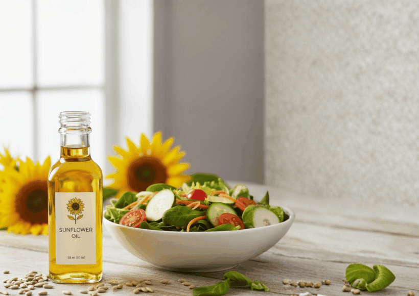 Cold Pressed Suryaphool Tel In Glass Bottles With Sunflower Seeds And Flowers, Showing Natural, Pure, And Unrefined Oil For Wholesale Buyers And Manufacturers.