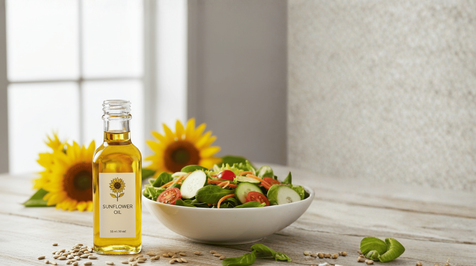 Cold Pressed Suryaphool Tel In Glass Bottles With Sunflower Seeds And Flowers, Showing Natural, Pure, And Unrefined Oil For Wholesale Buyers And Manufacturers.