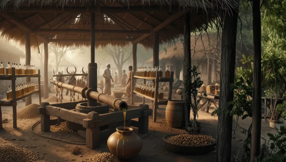 शेंगदाणा तेल व्यवसाय कसा सुरू करावा? – संपूर्ण मार्गदर्शक 12 Premium Cold-Pressed Peanut Oil In Glass Bottles, Rustic Wooden Press And Barrels, Golden Oil From Fresh Peanuts, Artisanal, Organic, Healthy, And Pure