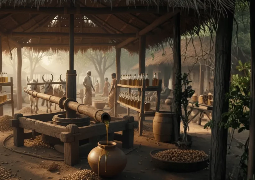 Premium Cold-Pressed Peanut Oil In Glass Bottles, Rustic Wooden Press And Barrels, Golden Oil From Fresh Peanuts, Artisanal, Organic, Healthy, And Pure