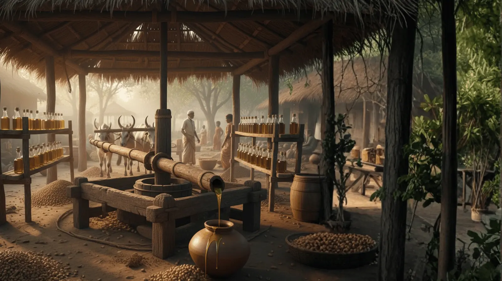 Premium Cold-Pressed Peanut Oil In Glass Bottles, Rustic Wooden Press And Barrels, Golden Oil From Fresh Peanuts, Artisanal, Organic, Healthy, And Pure