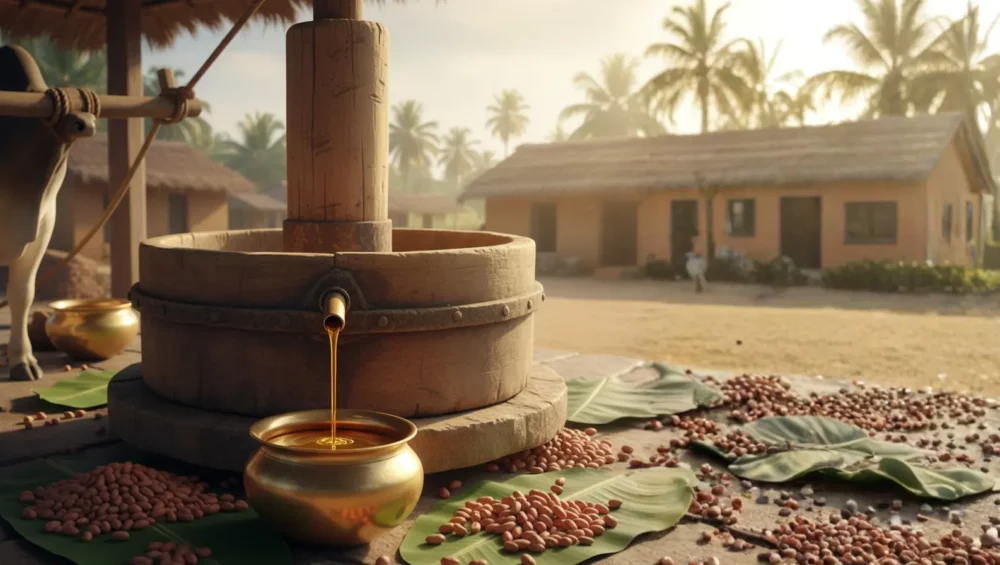 भारतातील प्रमुख शेंगदाणा तेल उत्पादक – थेट खरेदी करा 10 Cold Pressed Shengdana Tel (Peanut Oil) Extracted Traditionally In Tamil Nadu Using Marachekku Method – Healthy And Natural Oil Benefits.