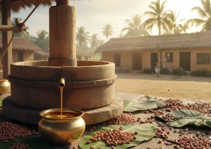 Cold Pressed Shengdana Tel (Peanut Oil) Extracted Traditionally In Tamil Nadu Using Marachekku Method – Healthy And Natural Oil Benefits.