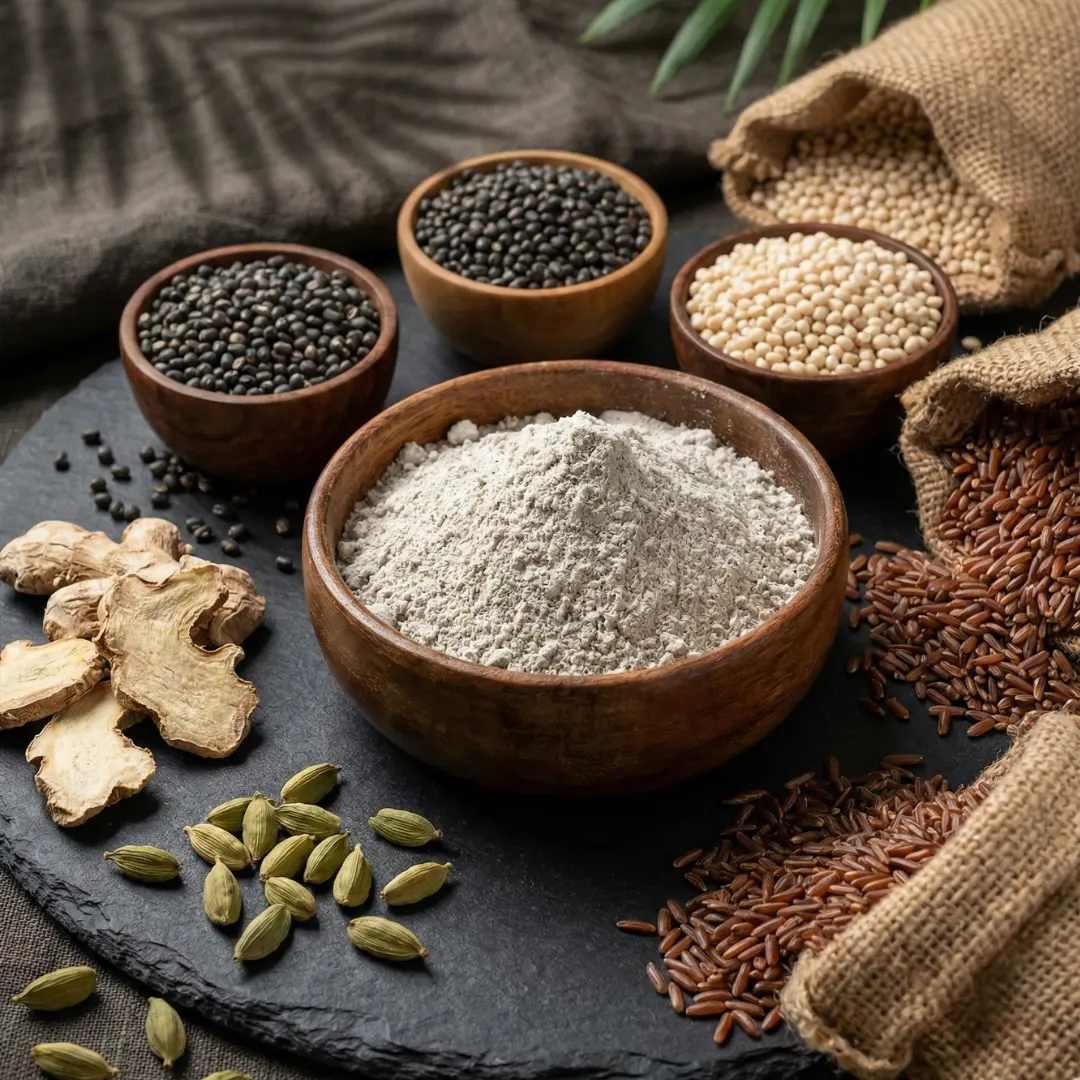 Black urad dal kanji mix with mappillai samba rice, dry ginger and cardamom