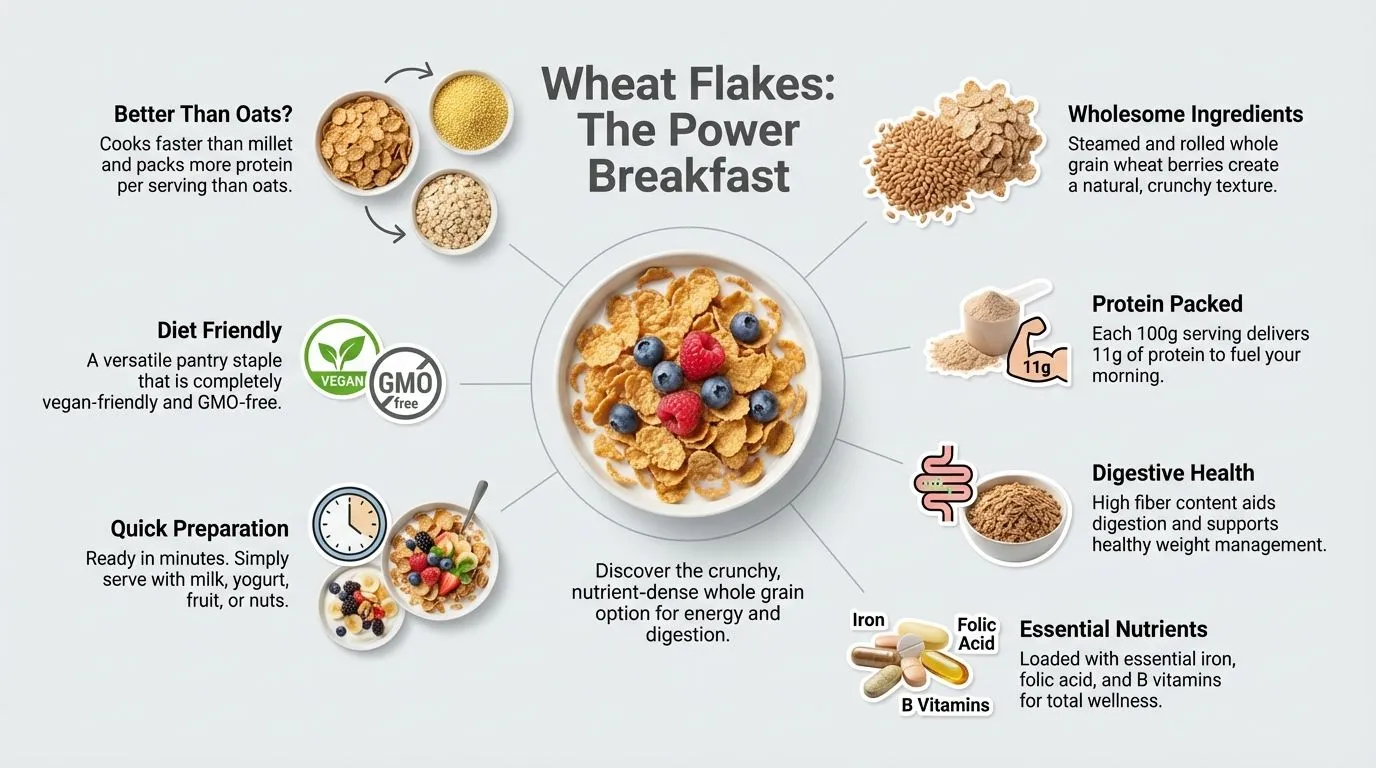 Wheat Flakes Power Breakfast Infographic Showing Protein, Fiber, Digestive Health Benefits And Essential Nutrients 