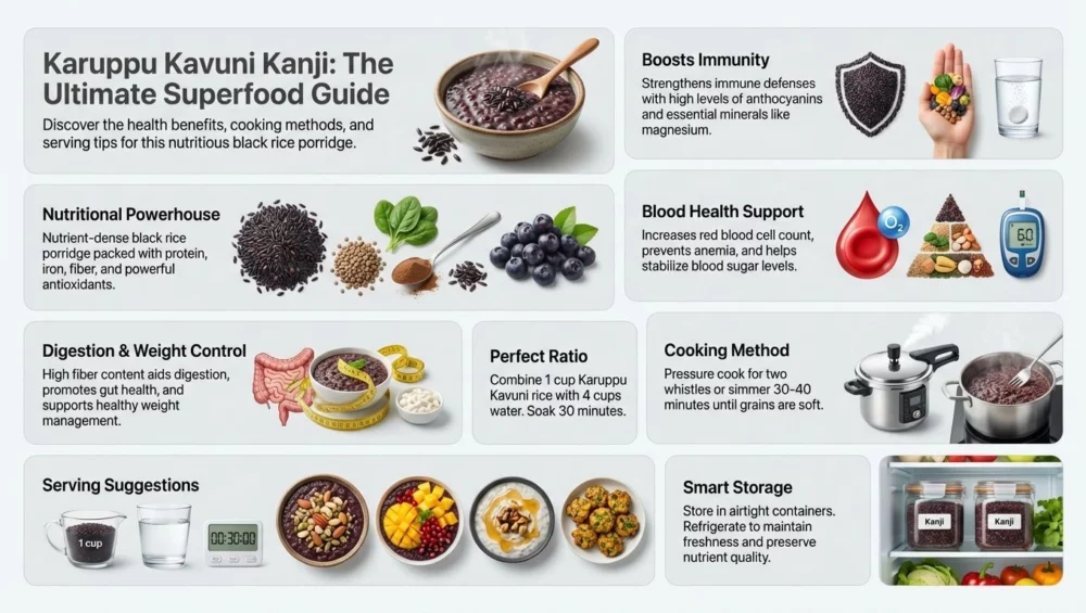 Karuppu Kavuni Kanji Infographic Showing Health Benefits, Nutrition, Cooking Method, Serving Suggestions, And Storage Tips Of Black Rice Kanji