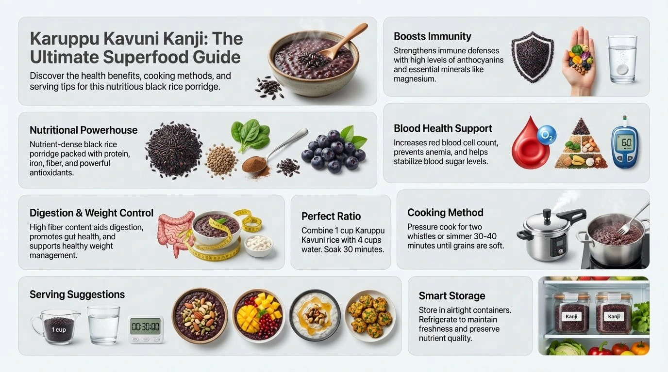 Karuppu Kavuni Kanji Infographic Showing Health Benefits, Nutrition, Cooking Method, Serving Suggestions, And Storage Tips Of Black Rice Kanji