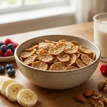 Whole grain wheat flakes high fiber breakfast cereal with a naturally crisp texture