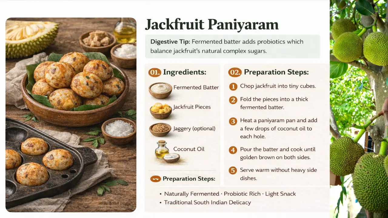 Traditional Jackfruit Paniyaram Prepared Using Fermented Batter, Coconut Oil, And Jaggery For A Probiotic-Rich Snack