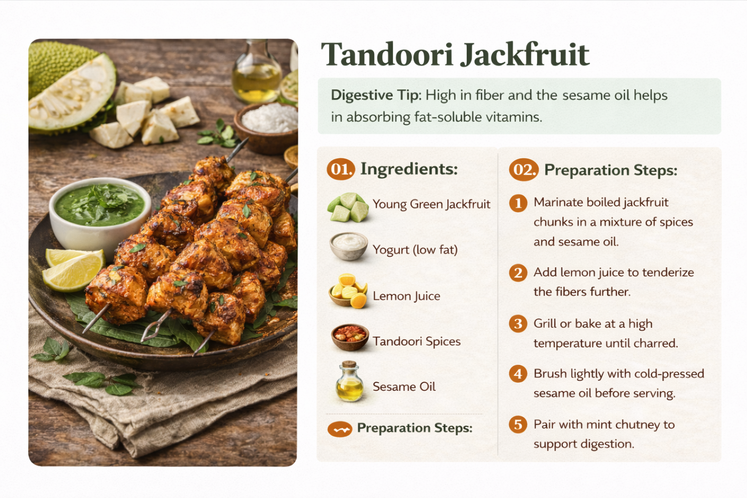 Andoori Jackfruit Recipe Card Showing Grilled Jackfruit Skewers On The Left And Ingredients With Preparation Steps On The Right, Made Using Cold-Pressed Sesame Oil