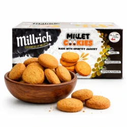 Millrich Mappillai Samba Millet Cookies pack with crispy millet cookies served in wooden bowl