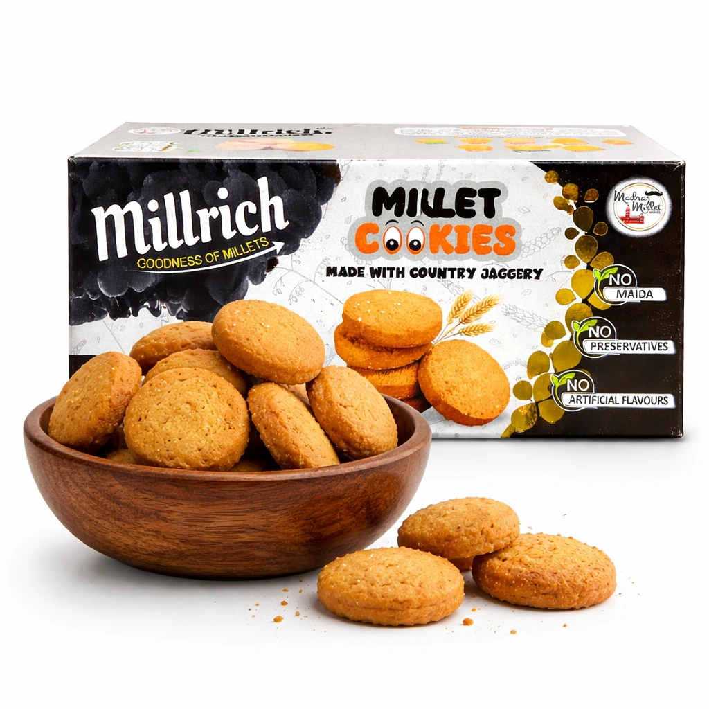 Millrich Mappillai Samba Millet Cookies pack with crispy millet cookies served in wooden bowl