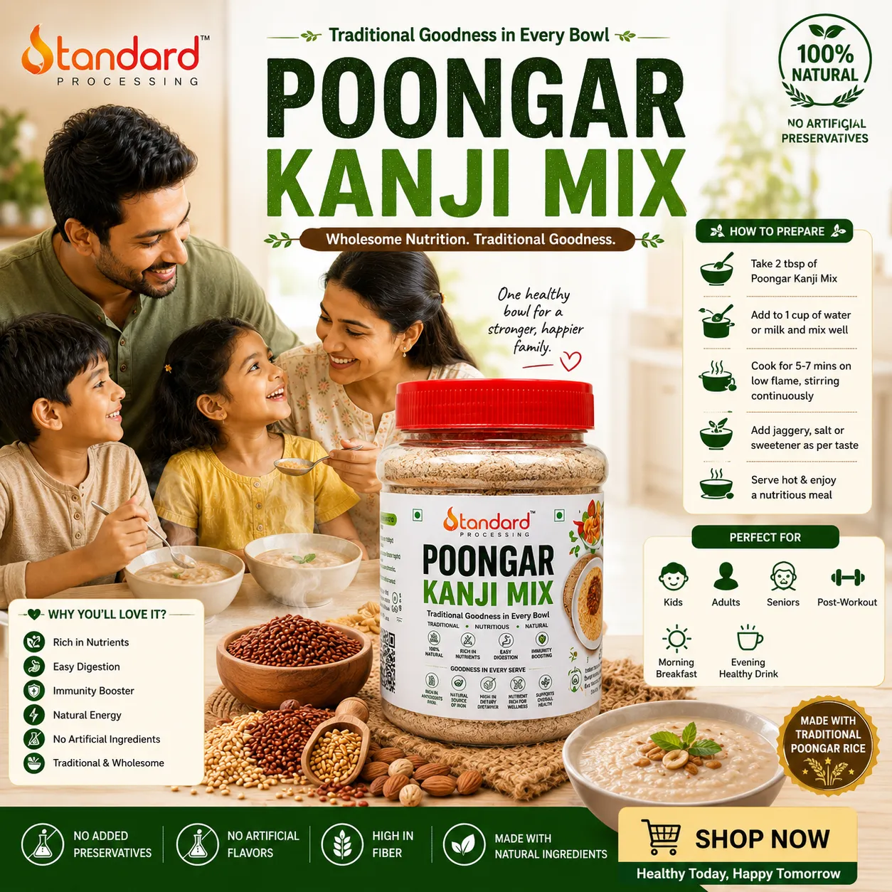 Poongar Rice Health Mix - 250G 5 Happy Family Eating Nutritious Poongar Kanji Mix Healthy Breakfast Porridge.