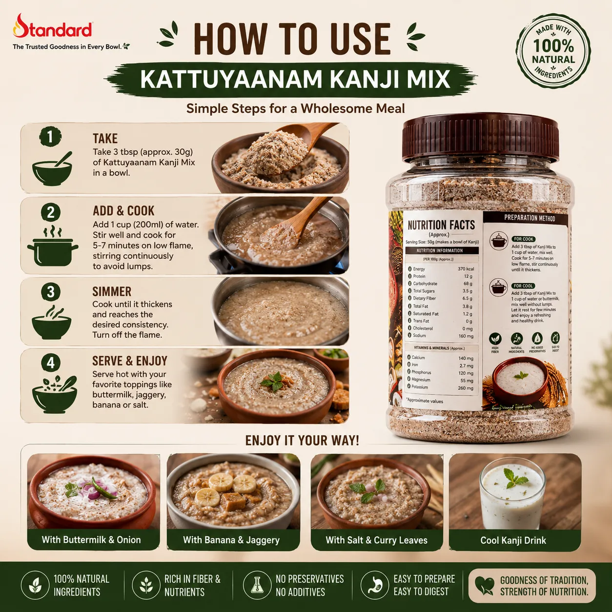 Kaattuyaanam Rice Kanji Mix - 250G 3 Step-By-Step Preparation Guide For Kattuyaanam Kanji Mix With Cooking Instructions And Serving Ideas.