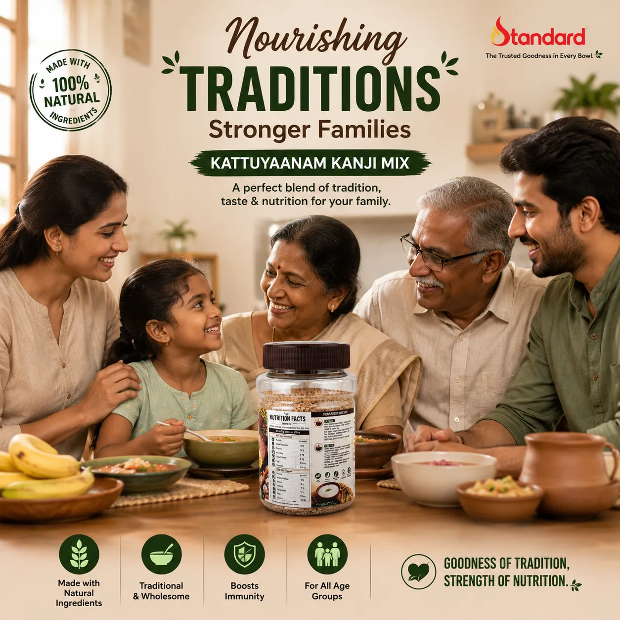 Kaattuyaanam Rice Kanji Mix - 250G 6 Family Enjoying Healthy Traditional Nutrition With Standard Kattuyaanam Kanji Mix At Dining Table.