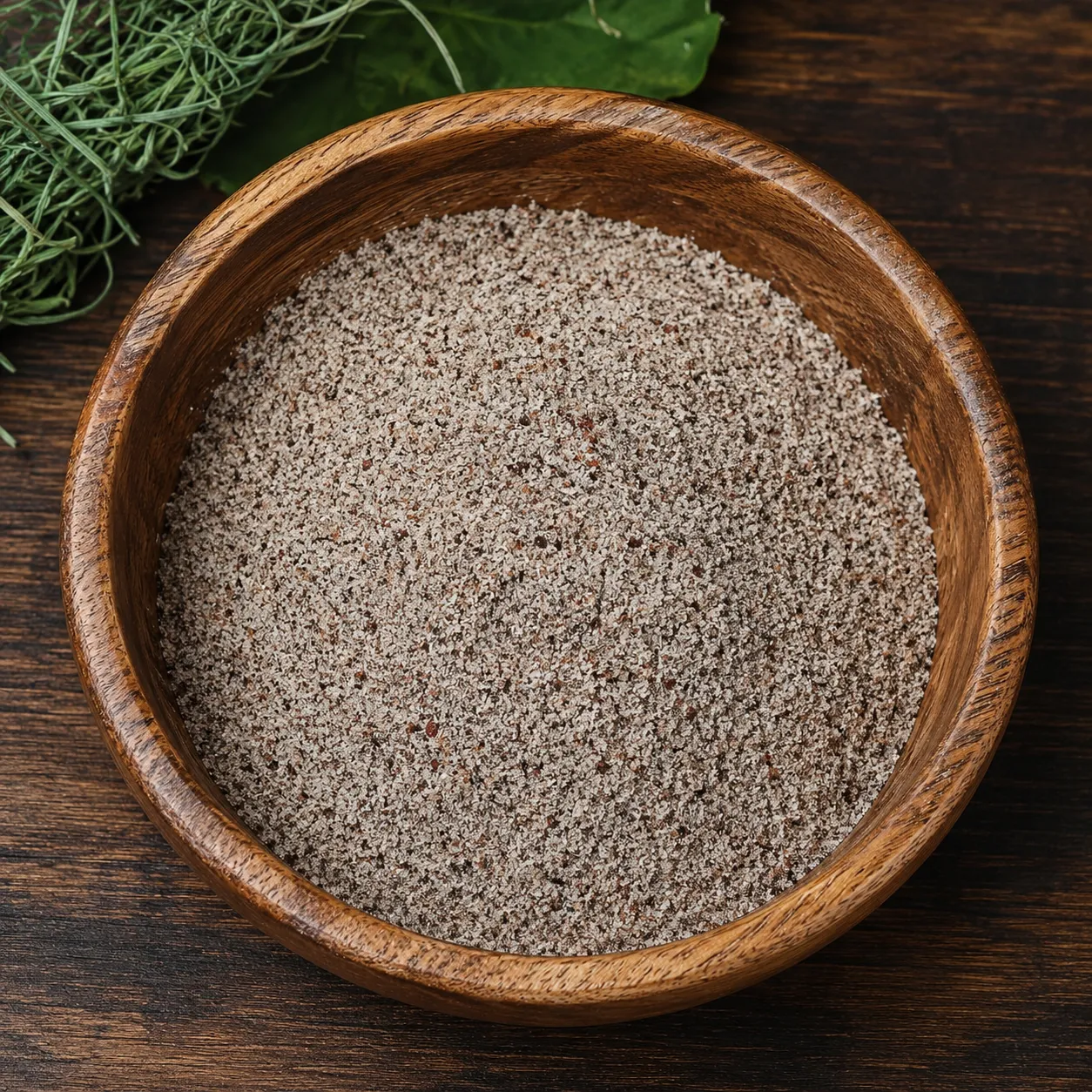 Kaattuyaanam Rice Kanji Mix - 250G 2 Close-Up View Of Kattuyaanam Kanji Mix Powder In A Wooden Bowl On A Wooden Table.