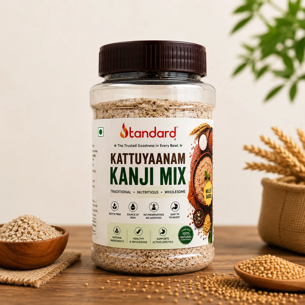 Family enjoying healthy traditional nutrition with Standard Kattuyaanam Kanji Mix at dining table.