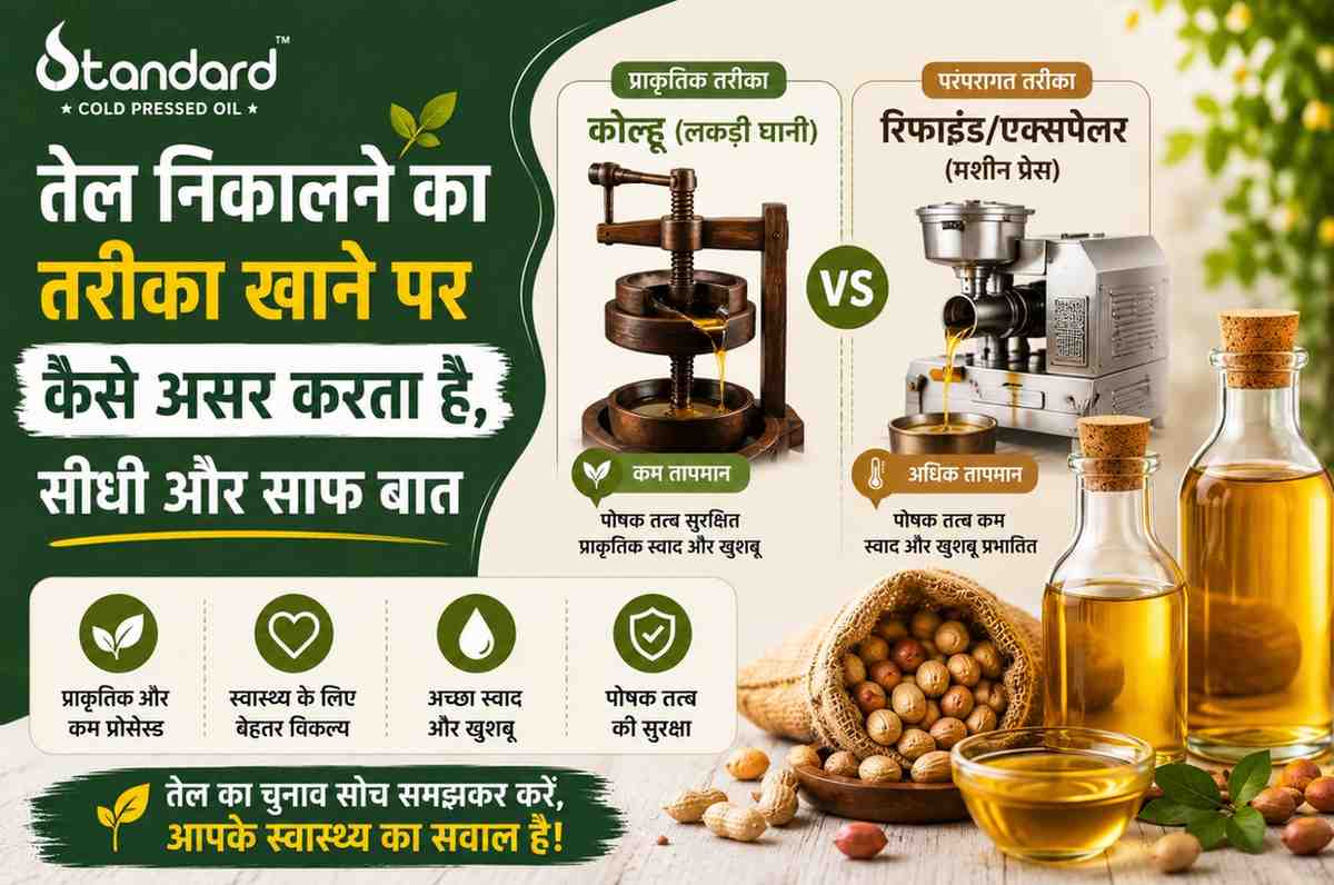 तेल निकालने का तरीका खाने पर कैसे असर करता है, सीधी और साफ बात 1 तेल निकालने की विभिन्न विधियों और उनके भोजन की गुणवत्ता पर प्रभाव को दर्शाता इन्फोग्राफिक