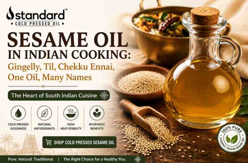 Sesame Oil In Indian Cooking: Gingelly, Til, Chekku Ennai, One Oil, Many Names 3 Cold Pressed Sesame Oil (Gingelly Oil) With Sesame Seeds Used In Traditional South Indian Cooking