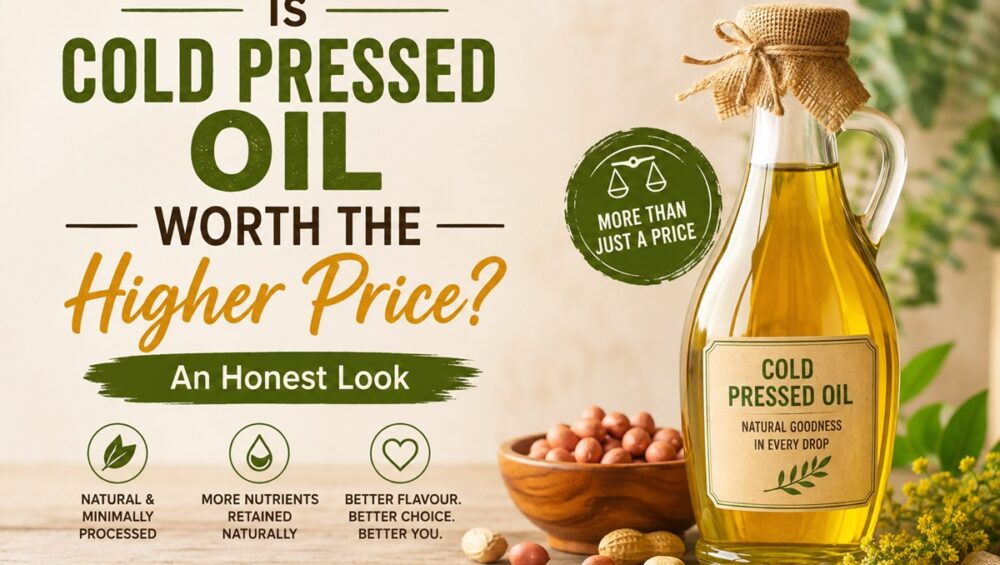Is Cold Pressed Oil Worth The Higher Price? An Honest Look 11 Cold Pressed Oil Bottle With Peanuts And Natural Ingredients Beside Text Asking Whether Cold Pressed Oil Is Worth The Higher Price.