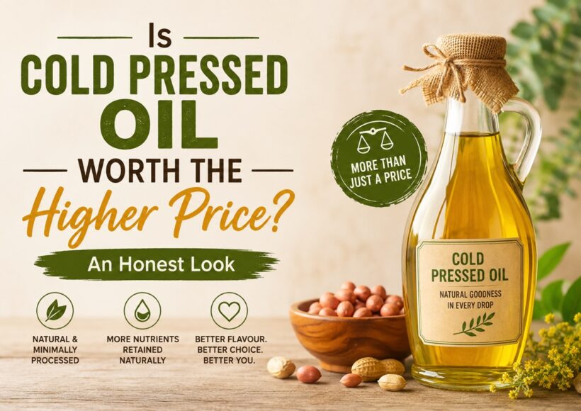 Cold Pressed Oil Bottle With Peanuts And Natural Ingredients Beside Text Asking Whether Cold Pressed Oil Is Worth The Higher Price.