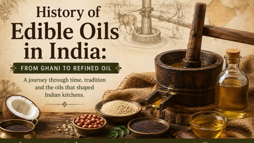 History Of Edible Oils In India: 6 Fascinating Turning Points 12 History Of Edible Oils In India, Featuring A Traditional Ghani Oil Press, Oilseeds, And Regional Cooking Oils