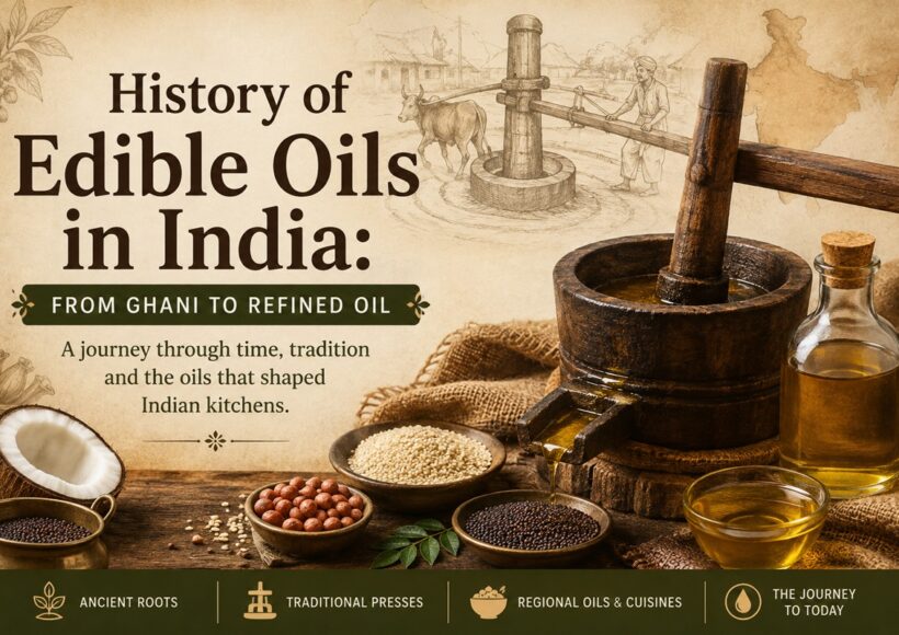 History Of Edible Oils In India, Featuring A Traditional Ghani Oil Press, Oilseeds, And Regional Cooking Oils