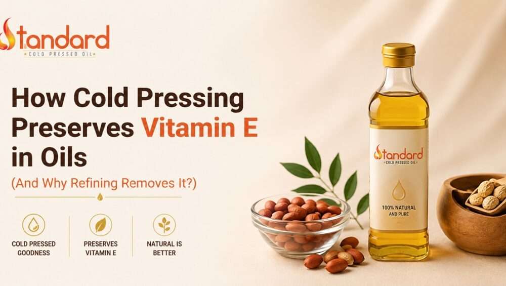How Cold Pressing Preserves Vitamin E In Oils (And Why Refining Removes It)? 9 Standard Cold Pressed Oil Bottle With Peanuts And Leaves, Illustrating How Cold Pressing Helps Preserve Vitamin E In Oils.