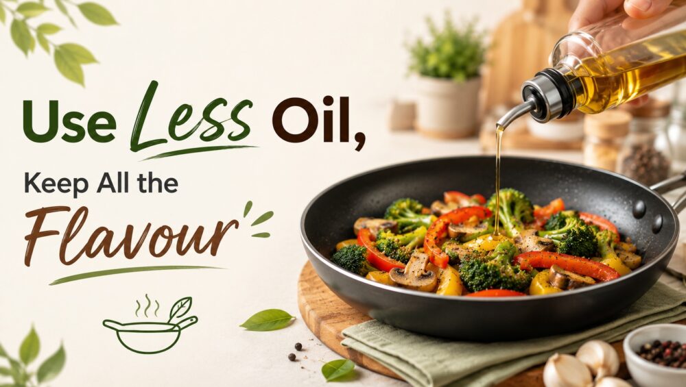 How To Use Less Oil Without Compromising Flavour: Practical Kitchen Tricks 30 Cooking Oil Being Drizzled Over Colorful Vegetables In A Pan, Illustrating Simple Ways To Use Less Oil While Keeping Meals Flavorful.