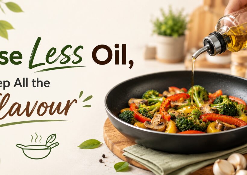 How To Use Less Oil Without Compromising Flavour: Practical Kitchen Tricks 1 Cooking Oil Being Drizzled Over Colorful Vegetables In A Pan, Illustrating Simple Ways To Use Less Oil While Keeping Meals Flavorful.
