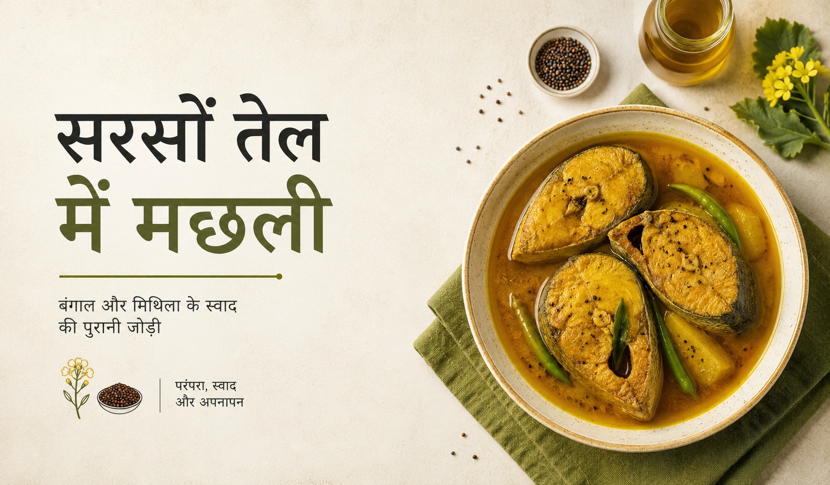 बंगाल और मिथिला की पारंपरिक सरसों तेल वाली मछली, जिसमें सुनहरी मछली के टुकड़े सरसों के तेल की करी, हरी मिर्च और सरसों के दानों के साथ परोसे गए हैं।