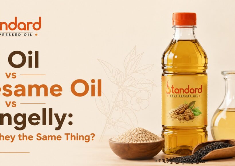 Standard Cold Pressed Oil Sesame Oil Bottle With Sesame Seeds And Oil, Illustrating The Difference Between Til Oil, Sesame Oil, And Gingelly Oil And Whether They Are The Same.